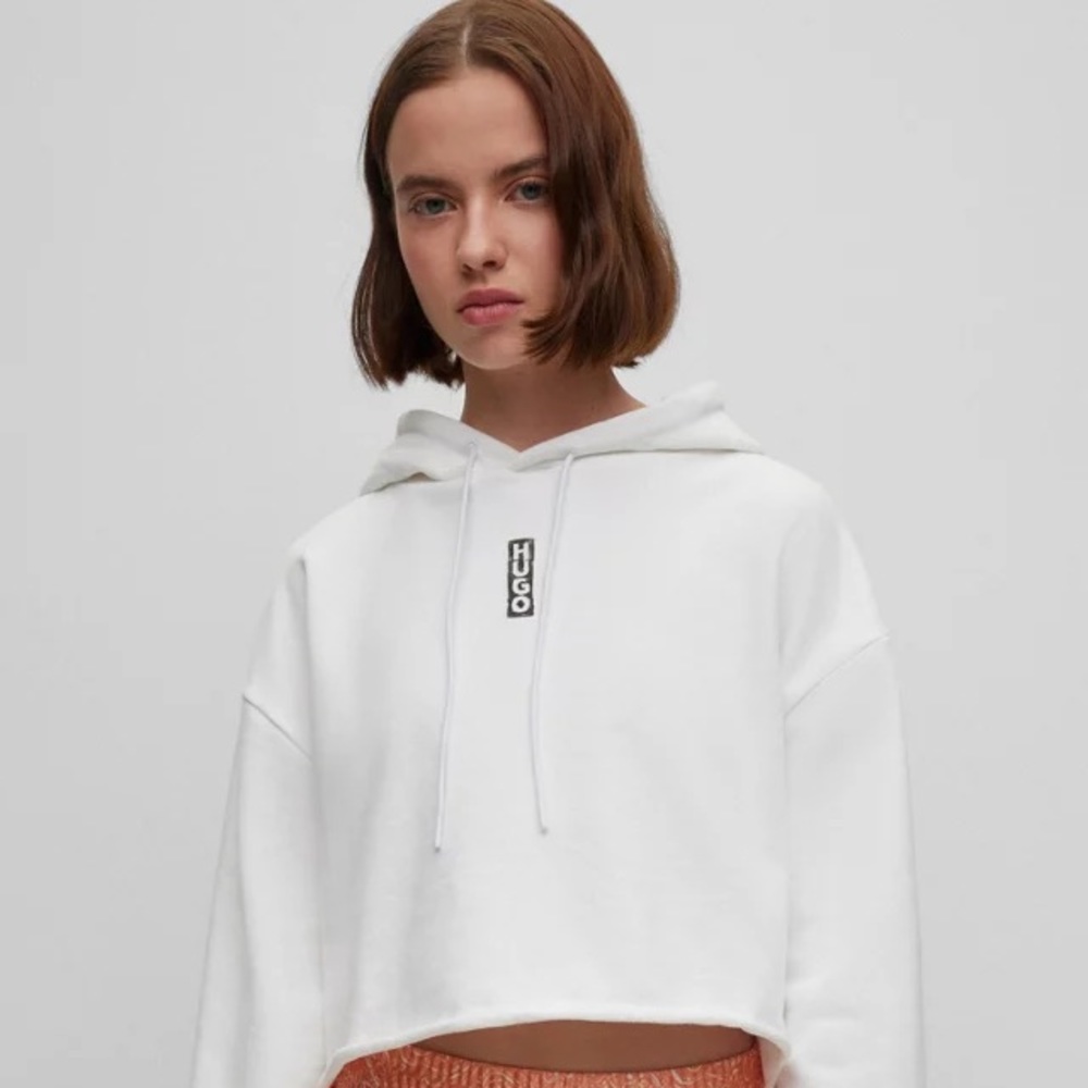 HUGO COTTON-TERRY CROPPED HOODIE WITH VERTICAL LOGO